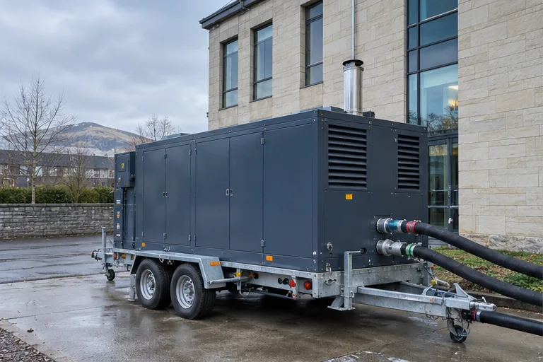 Trailer-mounted temporary boiler connected beside a commercial building